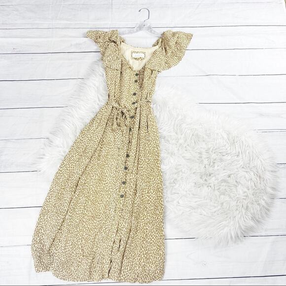 Anthropologie Bolano Tan Leopard V-Neck Ruffled detail Midi Dress Size 2 2P - Picture 2 of 5